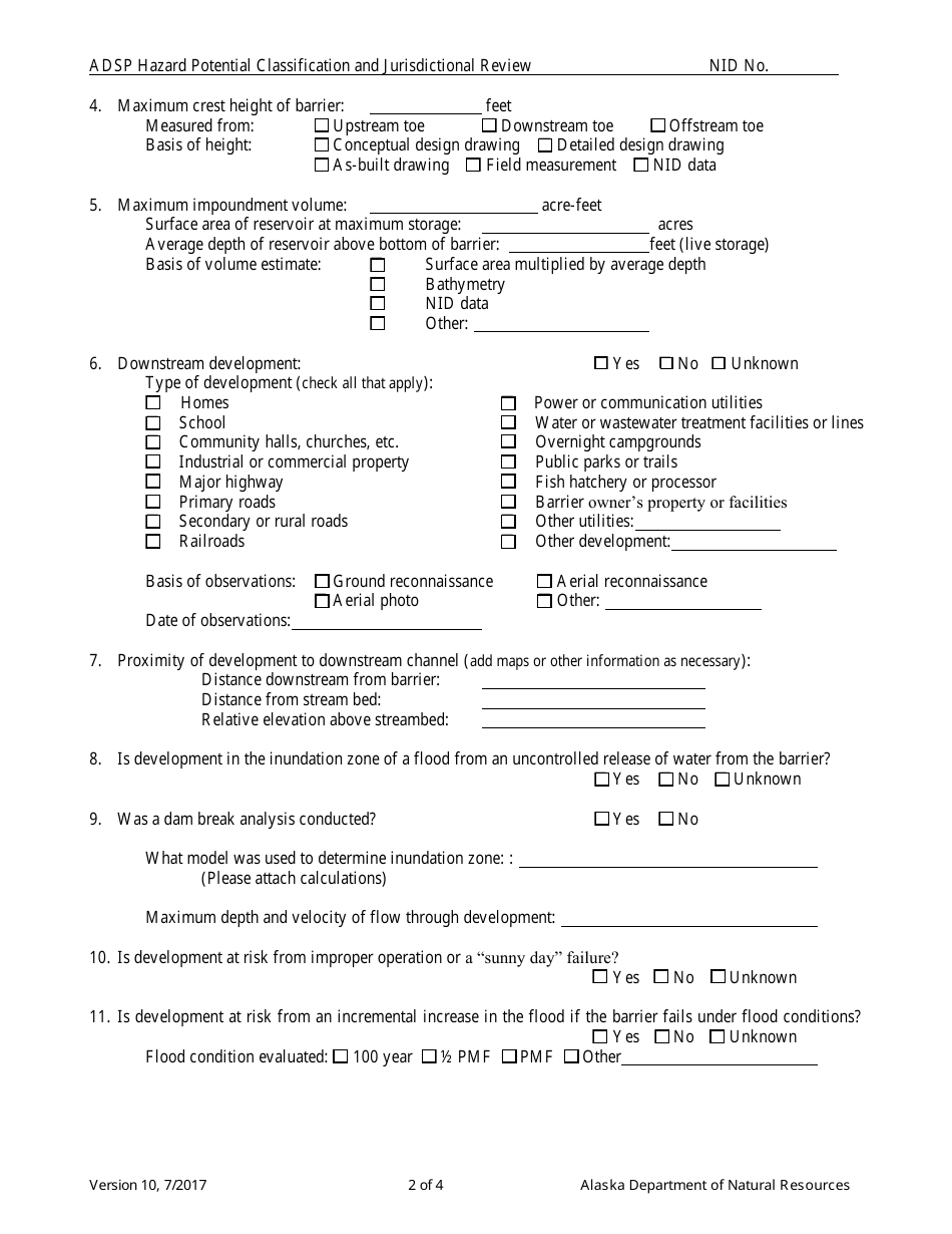 Hazard Potential Classification and Jurisdictional Review Form - Alaska Dam Safety Program - Alaska, Page 2