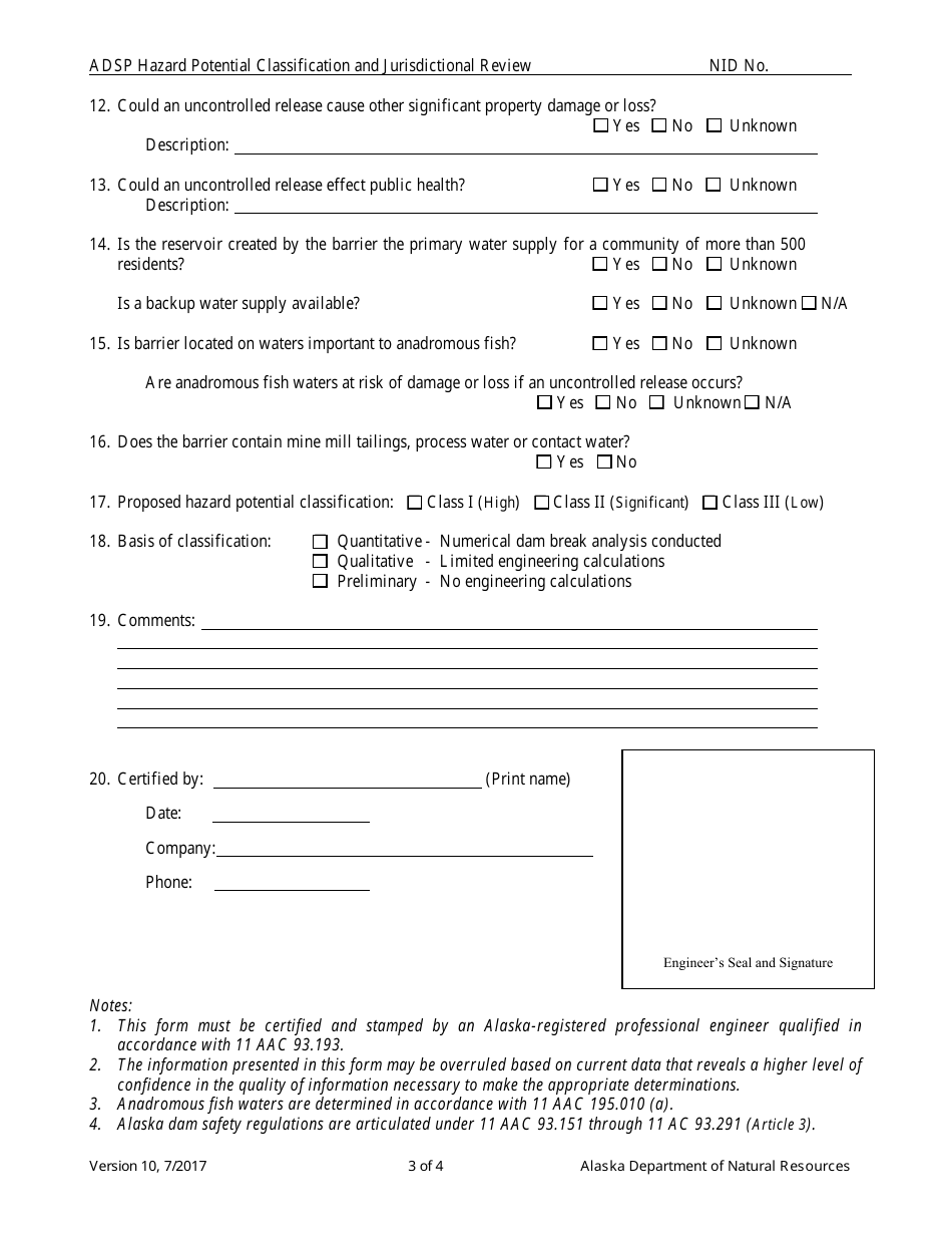 Hazard Potential Classification and Jurisdictional Review Form - Alaska Dam Safety Program - Alaska, Page 3