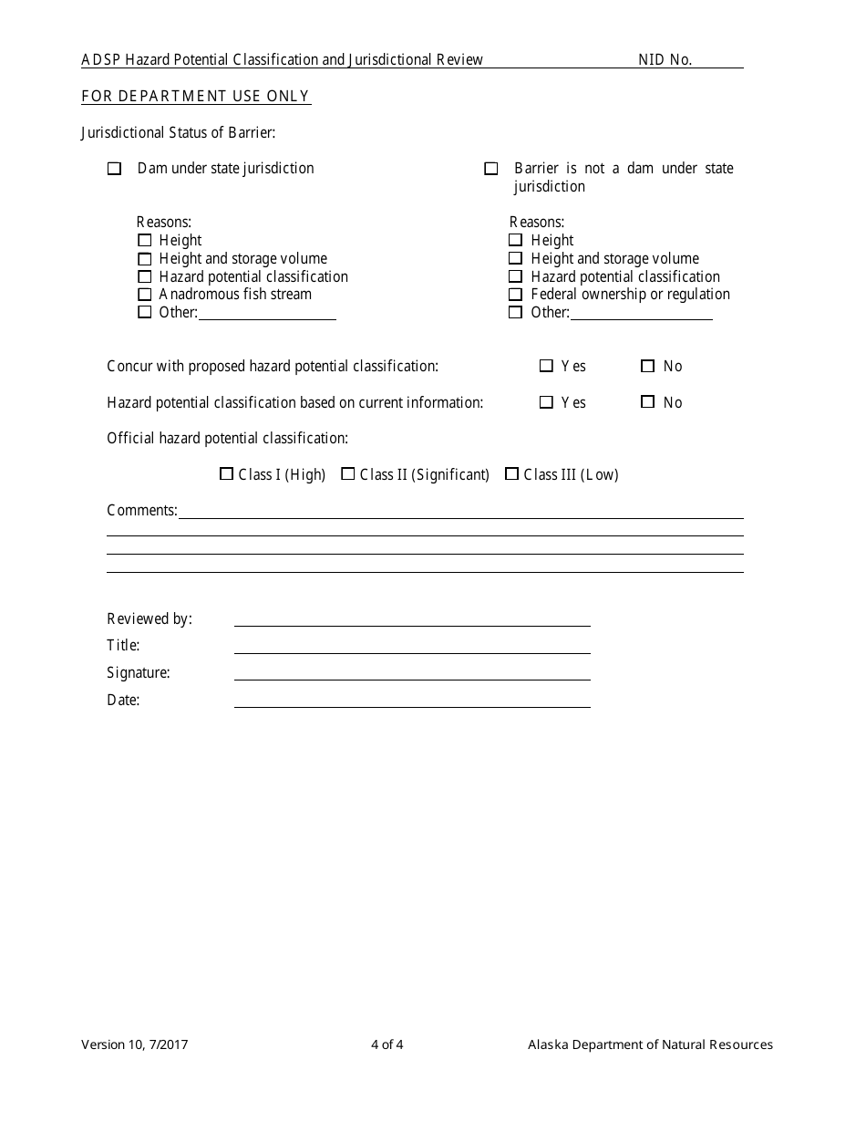 Hazard Potential Classification and Jurisdictional Review Form - Alaska Dam Safety Program - Alaska, Page 4
