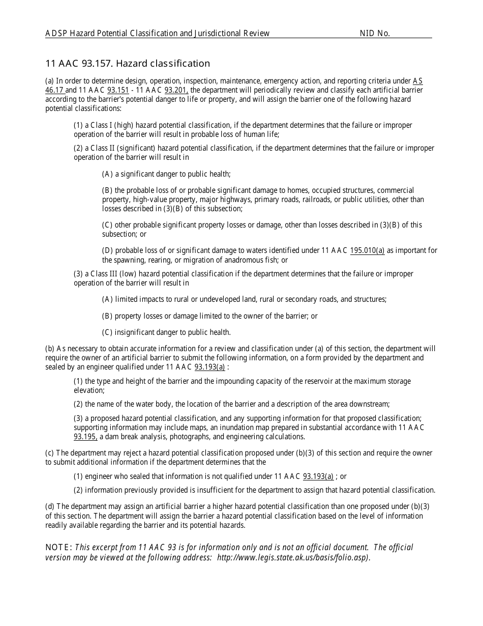 Hazard Potential Classification and Jurisdictional Review Form - Alaska Dam Safety Program - Alaska, Page 5
