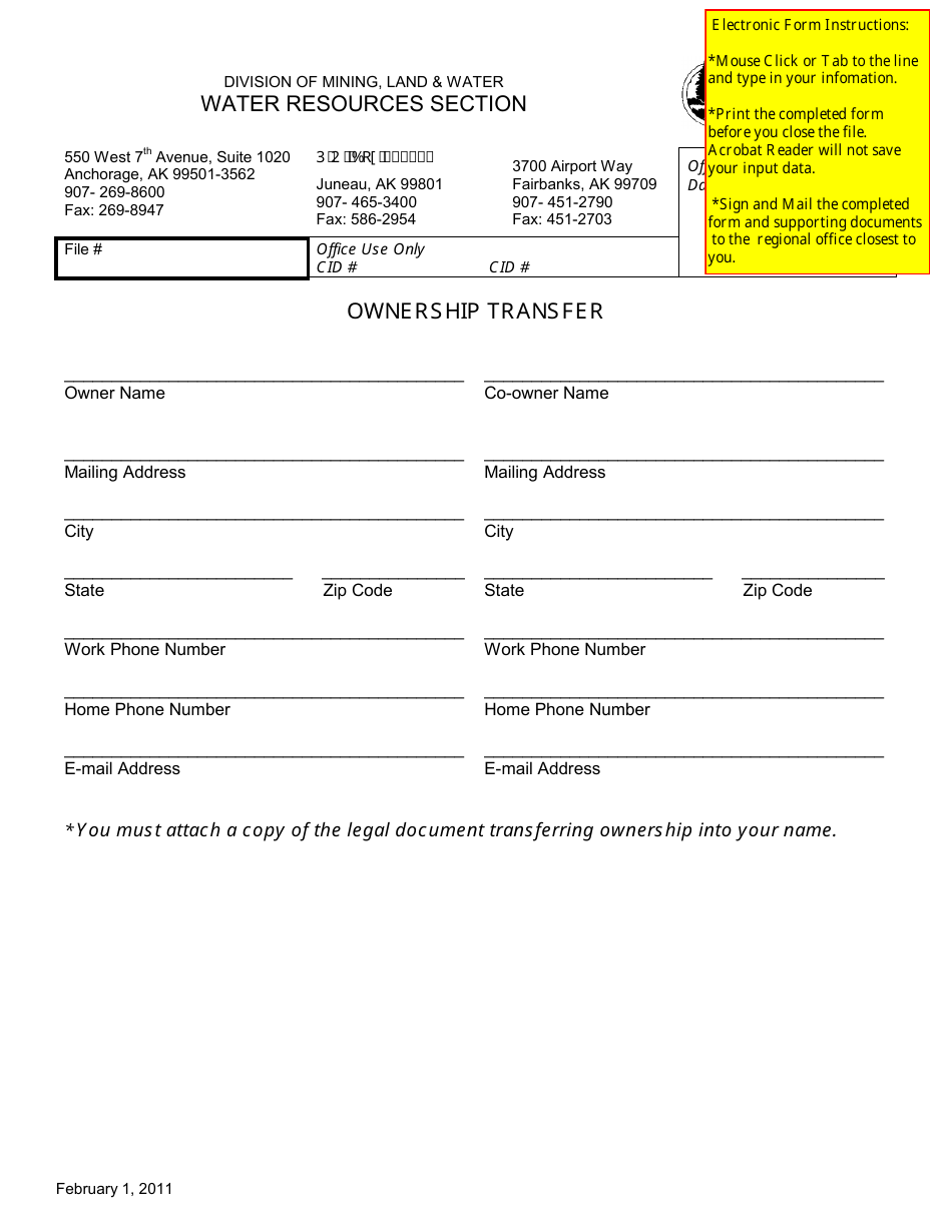 Ownership Transfer Form - Alaska, Page 1