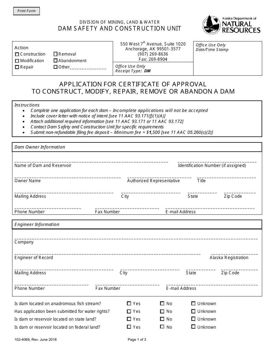 Form 102-4069 Application for Certificate of Approval to Construct, Modify, Repair, Remove or Abandon a Dam - Alaska, Page 1