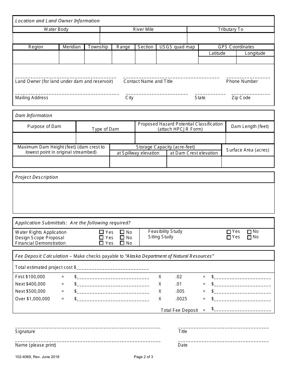 Form 102-4069 Application for Certificate of Approval to Construct, Modify, Repair, Remove or Abandon a Dam - Alaska, Page 2