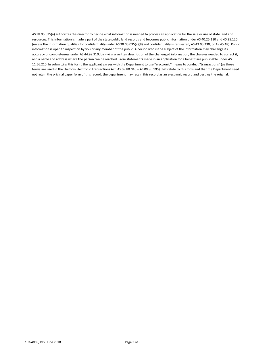 Form 102-4069 Application for Certificate of Approval to Construct, Modify, Repair, Remove or Abandon a Dam - Alaska, Page 3