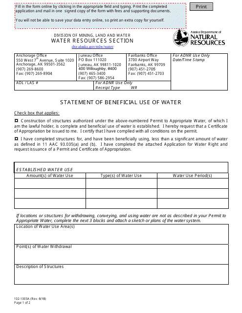 Form 102-1003A  Printable Pdf