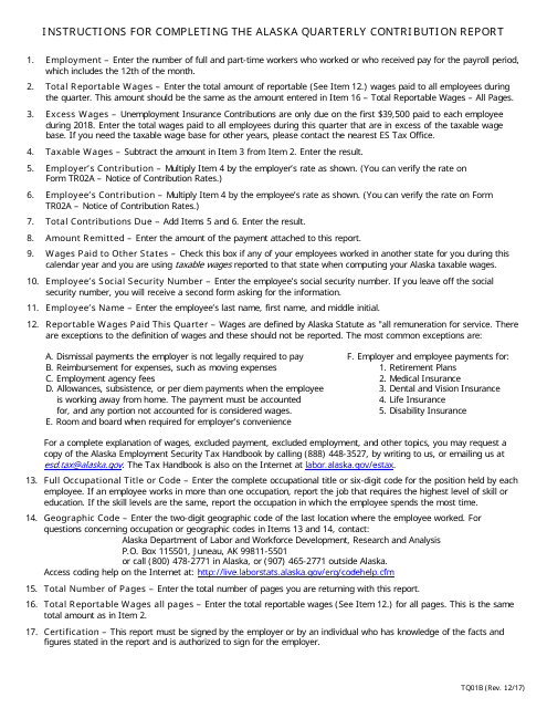 Instructions for Form TQ01B, TQ01C Alaska Quarterly Contribution Report - Alaska