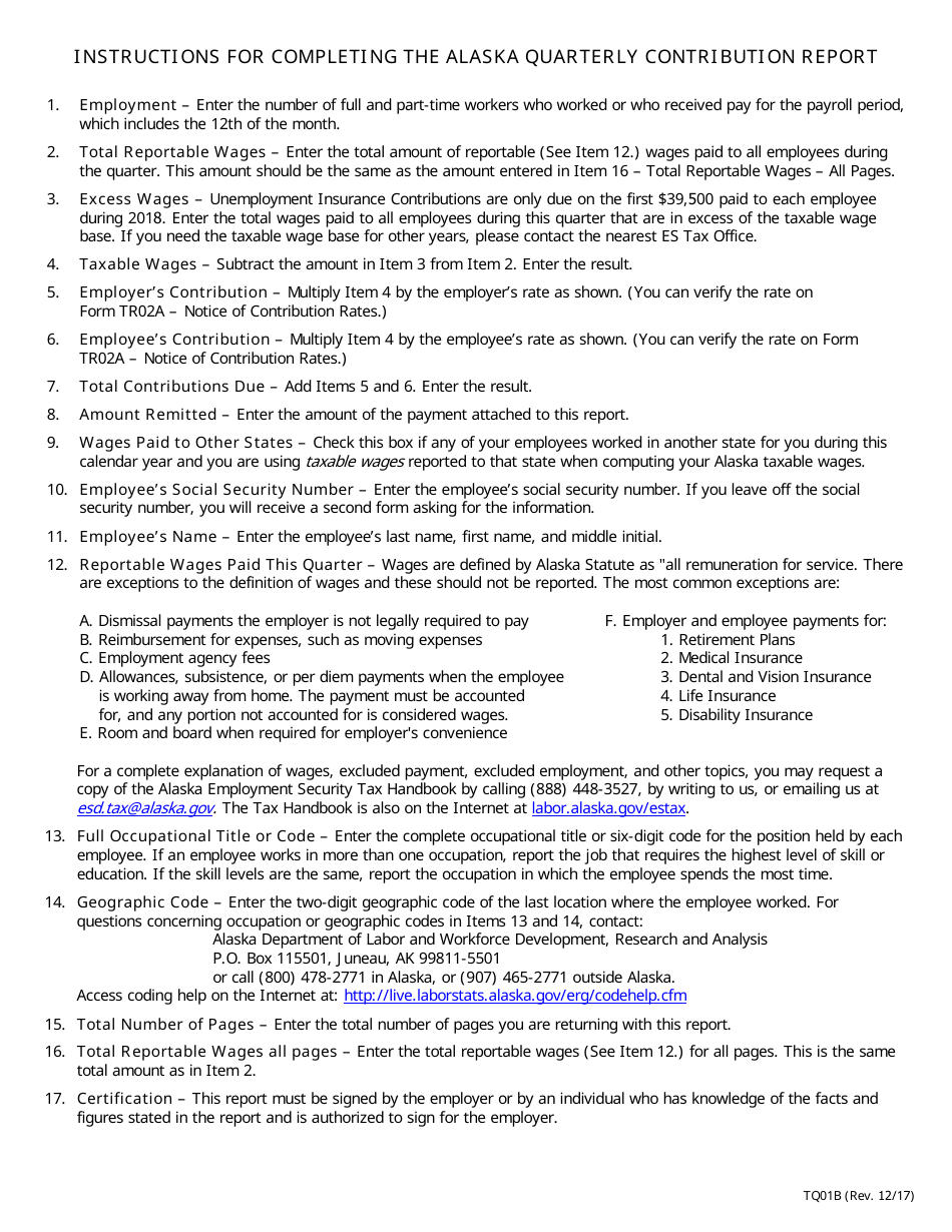 Instructions for Form TQ01B, TQ01C Alaska Quarterly Contribution Report - Alaska, Page 1