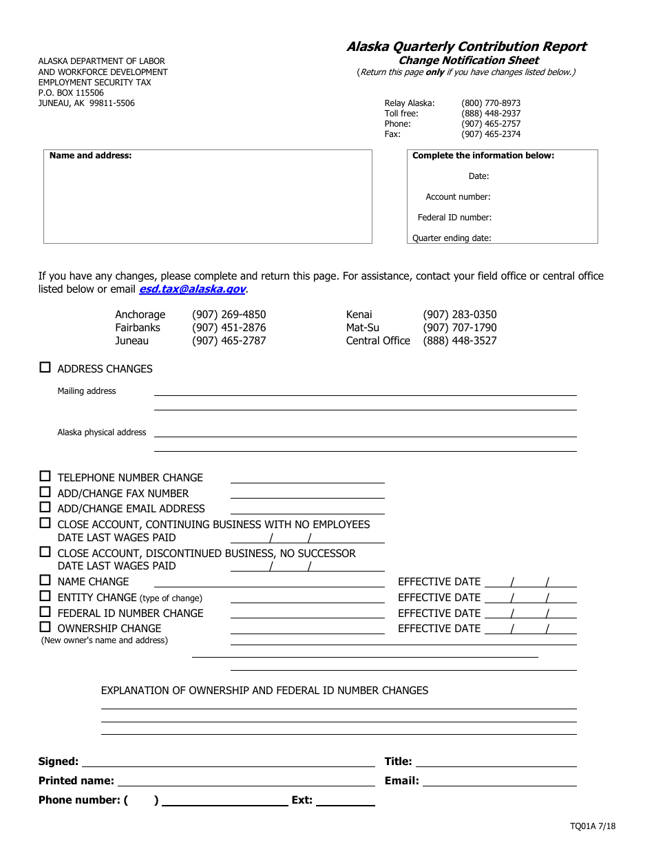 Form TQ01A Alaska Quarterly Contribution Report - Change Notification Sheet - Alaska, Page 1