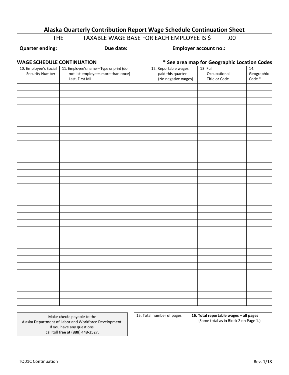 Form TQ01C Alaska Quarterly Contribution Report Wage Schedule Continuation Sheet - Alaska, Page 1