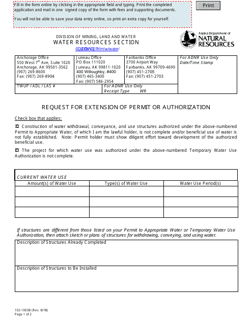Form 102-1003B Request for Extension of Permit or Authorization - Alaska