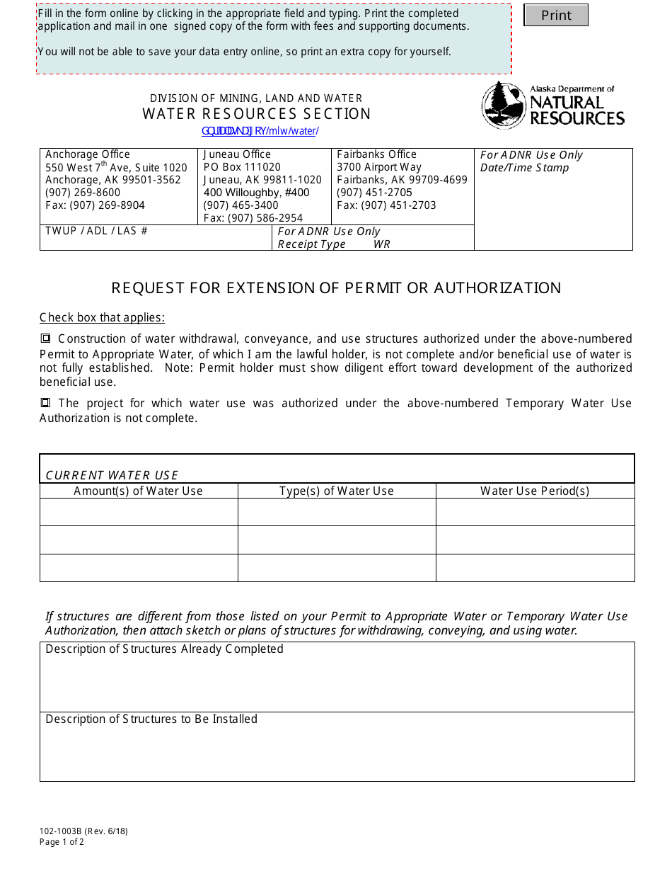 Form 102-1003B Request for Extension of Permit or Authorization - Alaska, Page 1