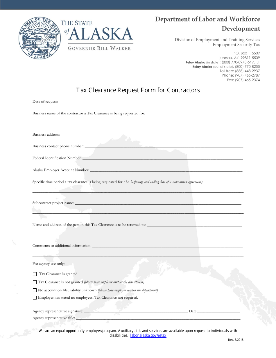 Tax Clearance Request Form for Contractors - Alaska, Page 1