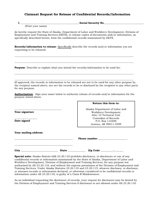 Claimant Request for Release of Confidential Records / Information - Alaska Download Pdf