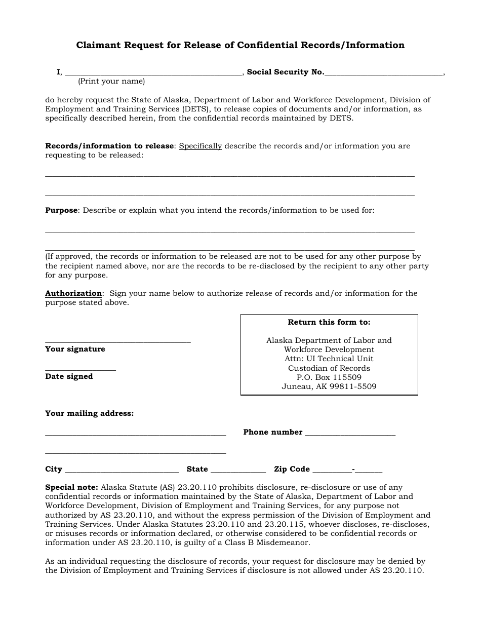 Claimant Request for Release of Confidential Records / Information - Alaska, Page 1