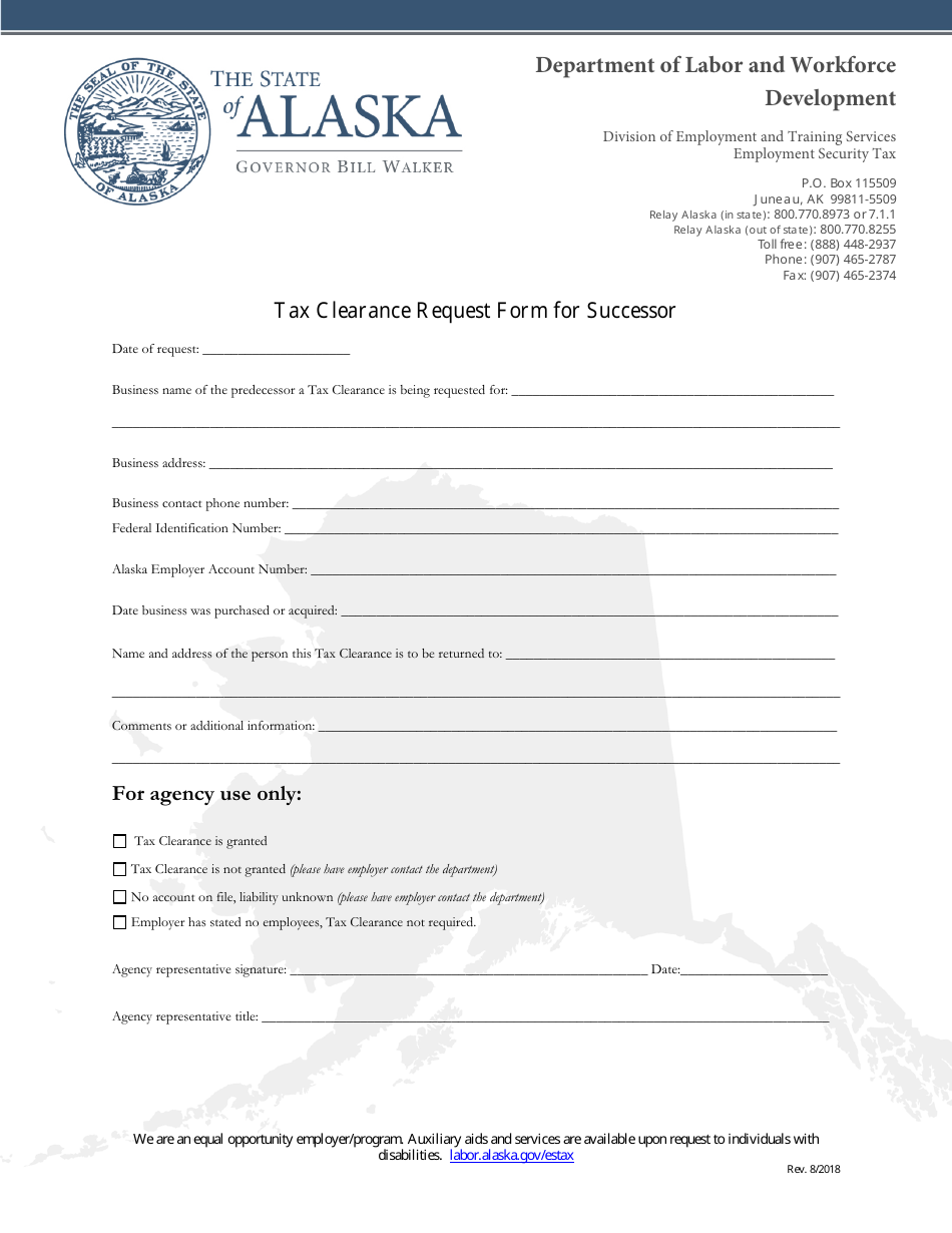 Tax Clearance Request Form for Successor - Alaska, Page 1