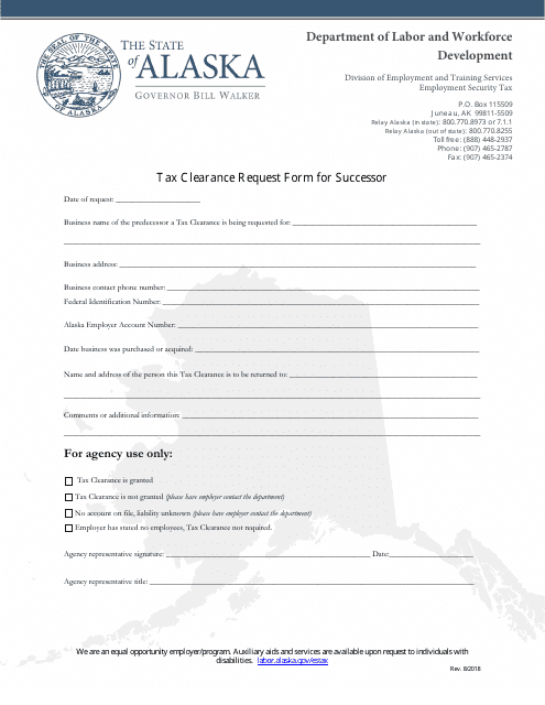 Tax Clearance Request Form for Successor - Alaska Download Pdf