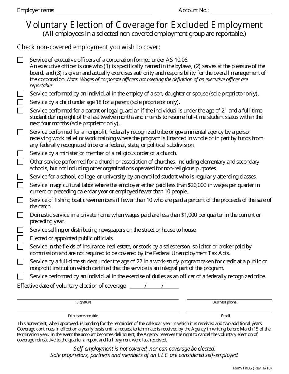 Form TREG Voluntary Election of Coverage for Excluded Employment - Alaska, Page 1