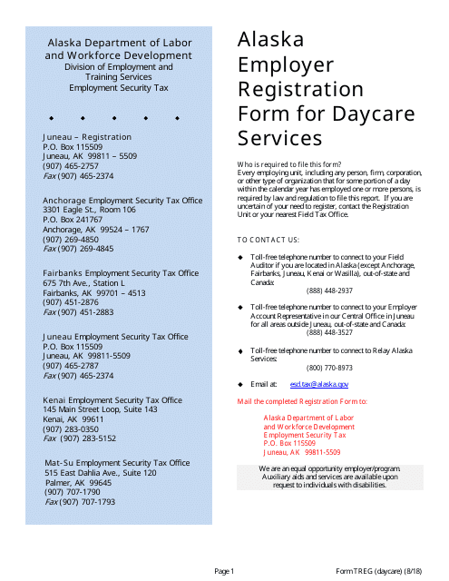 Form TREG (DAYCARE) Alaska Employer Registration Form for Daycare Services - Alaska