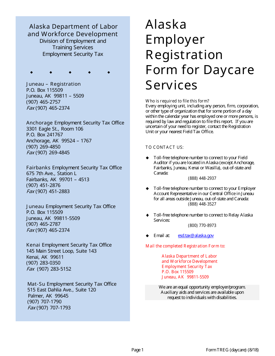 Form TREG (DAYCARE) Alaska Employer Registration Form for Daycare Services - Alaska, Page 1
