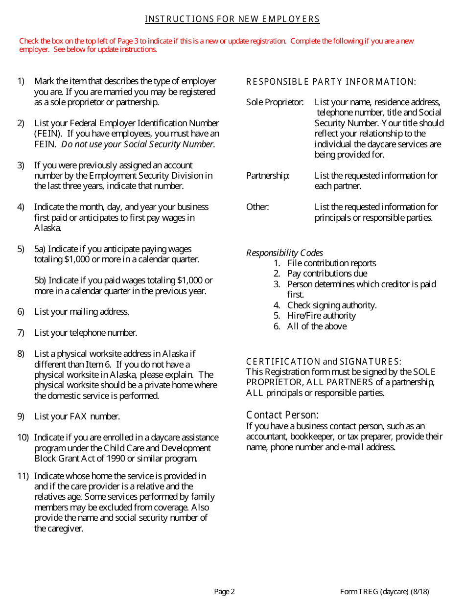 Form TREG (DAYCARE) Alaska Employer Registration Form for Daycare Services - Alaska, Page 2