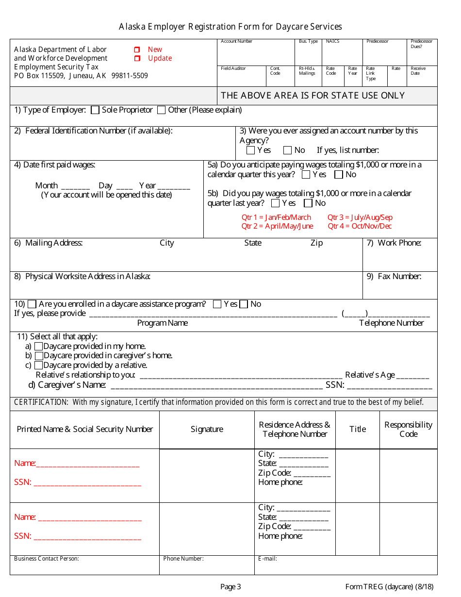 Form TREG (DAYCARE) Alaska Employer Registration Form for Daycare Services - Alaska, Page 3