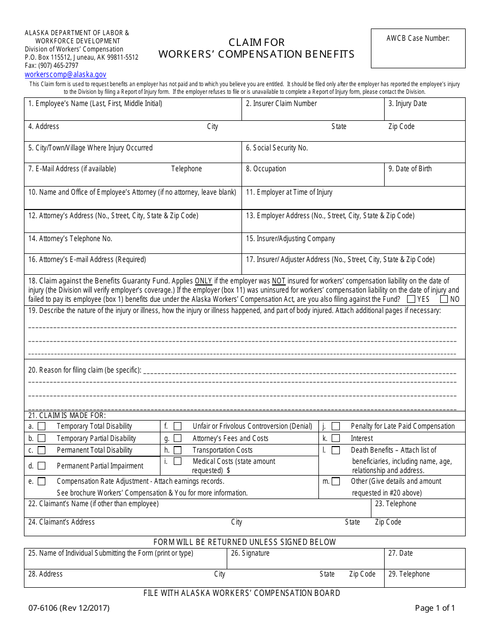 Form 08-6106 Claim for Workers Compensation Benefits - Alaska, Page 1