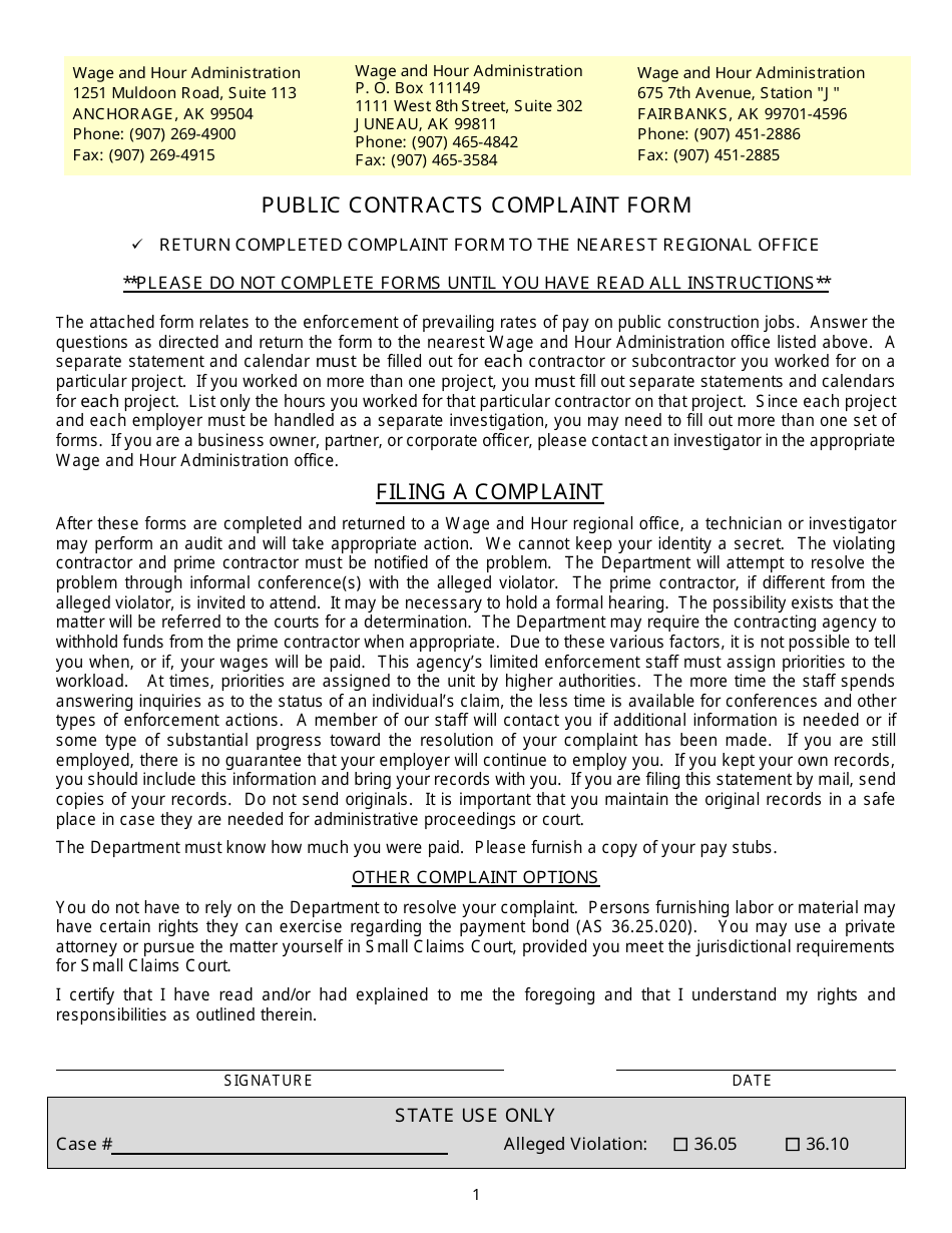 Public Contracts Complaint Form - Alaska, Page 1
