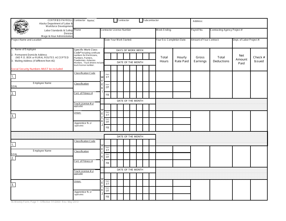 Form 07-6058 BI-Weekly Certified Payroll - Alaska, Page 1