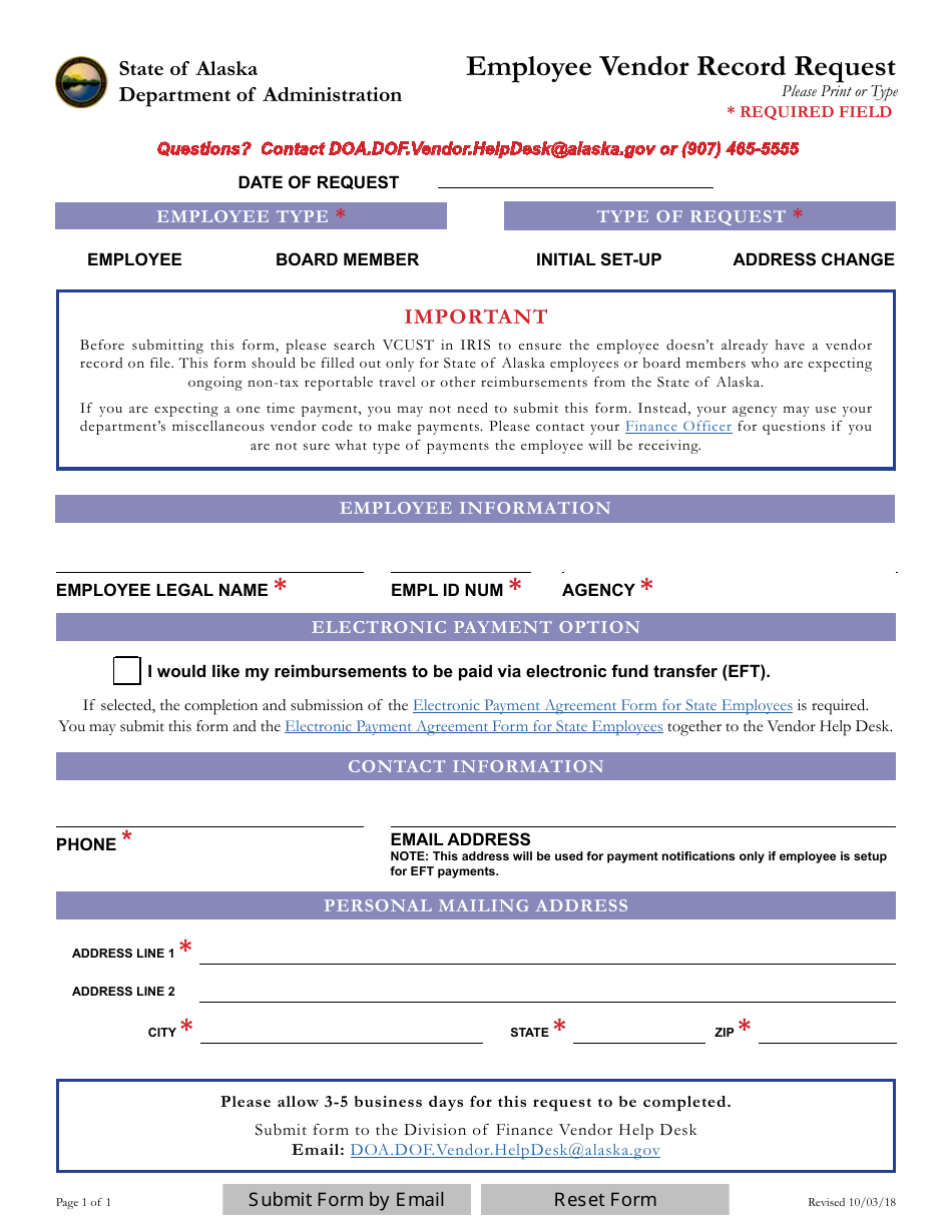 Employee Vendor Record Request Form - Alaska, Page 1