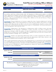 Document preview: Field Warrant Certifying Officer Affidavit Form - Alaska