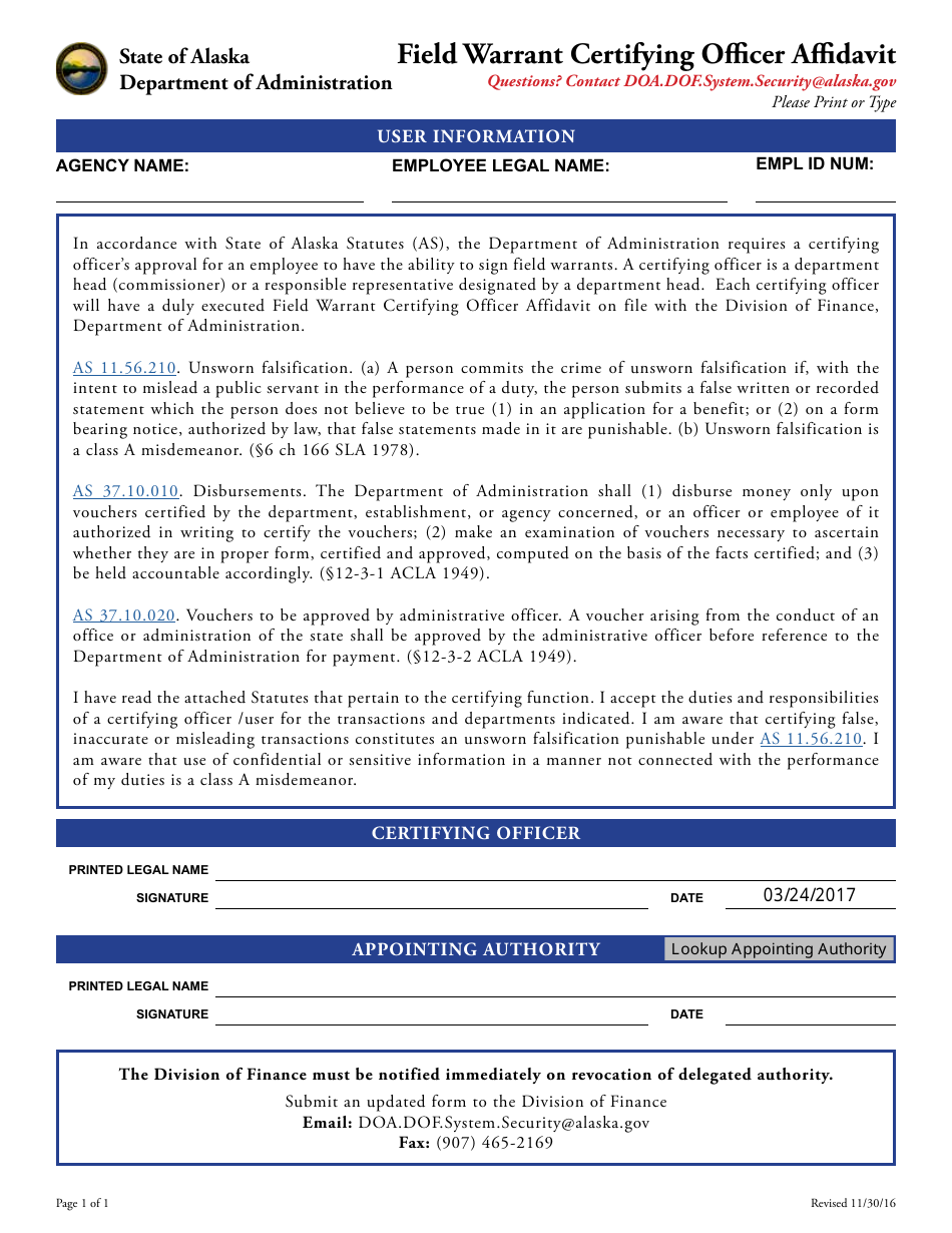 Field Warrant Certifying Officer Affidavit Form - Alaska, Page 1
