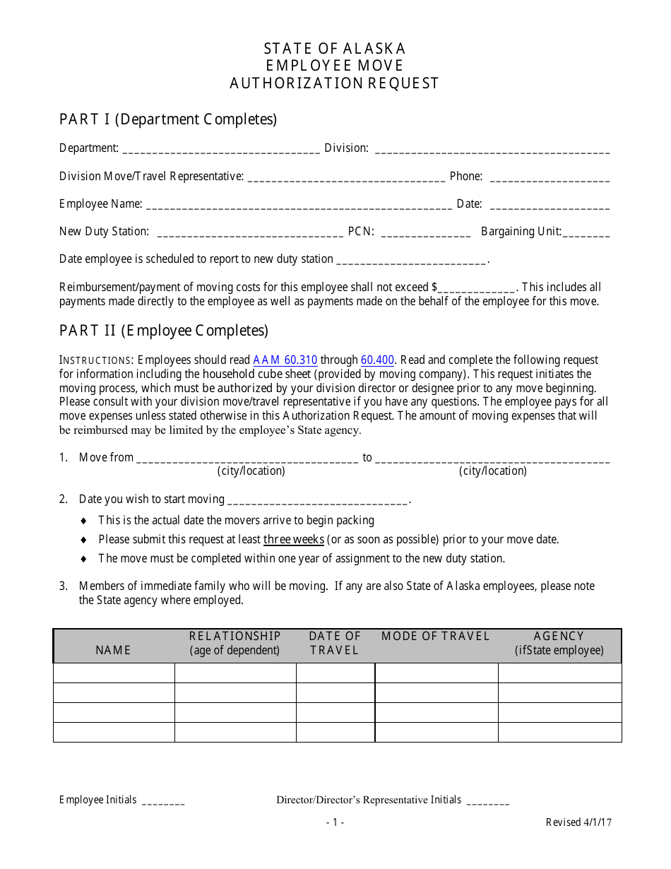 Employee Move Authorization Request Form - Alaska, Page 1