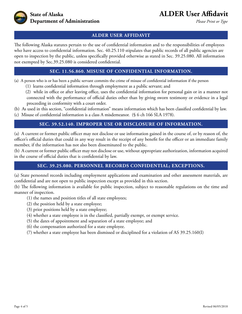 Alder User Affidavit Form - Alaska, Page 4