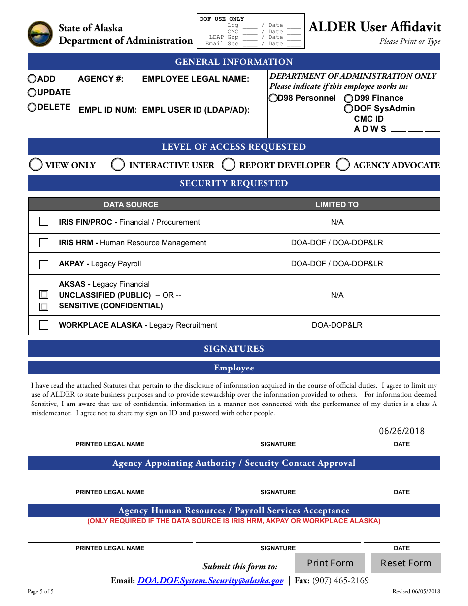 Alder User Affidavit Form - Alaska, Page 5