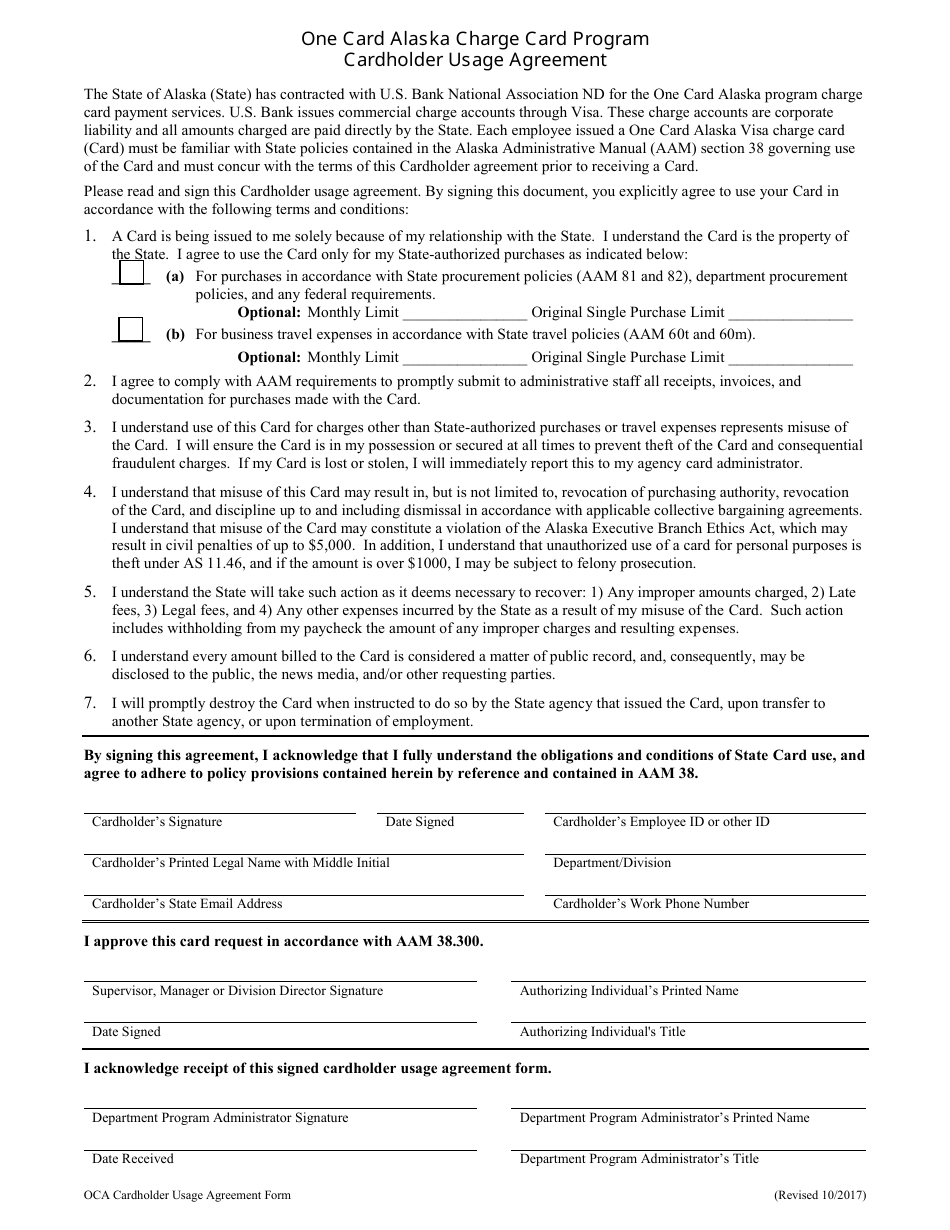 Cardholder Usage Agreement Form - One Card Alaska Charge Card Program - Alaska, Page 1
