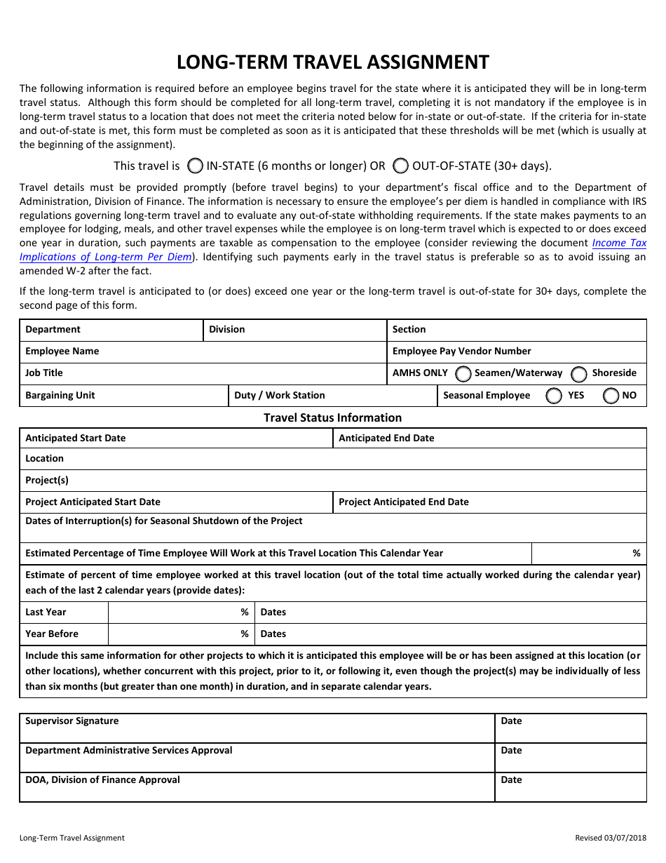 Alaska LongTerm Travel Assignment Form Fill Out, Sign Online and