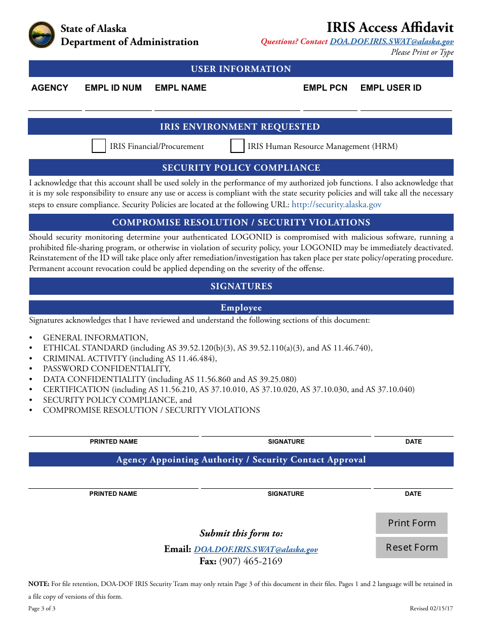 Iris Access Affidavit Form - Alaska, Page 3
