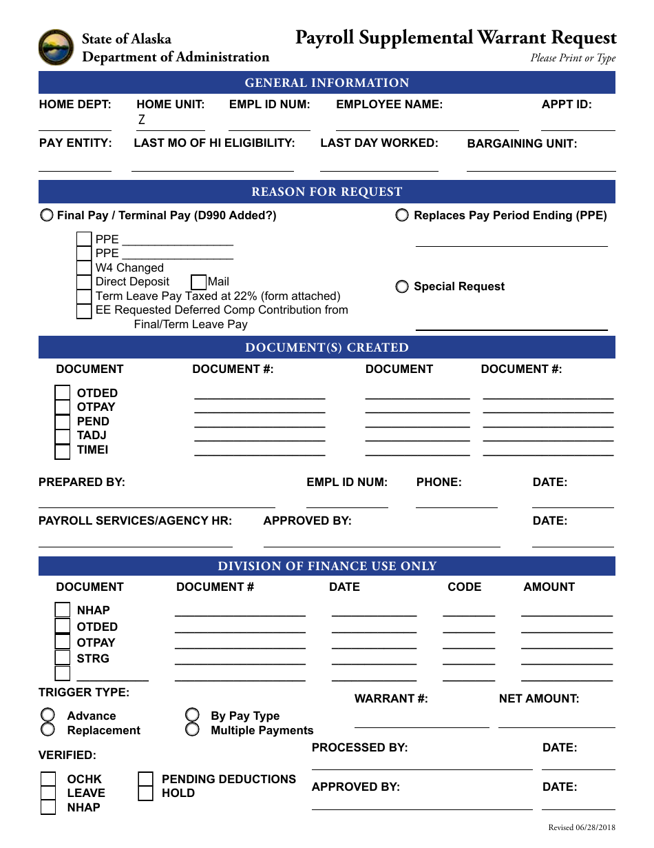 Payroll Supplemental Warrant Request Form - Alaska, Page 1