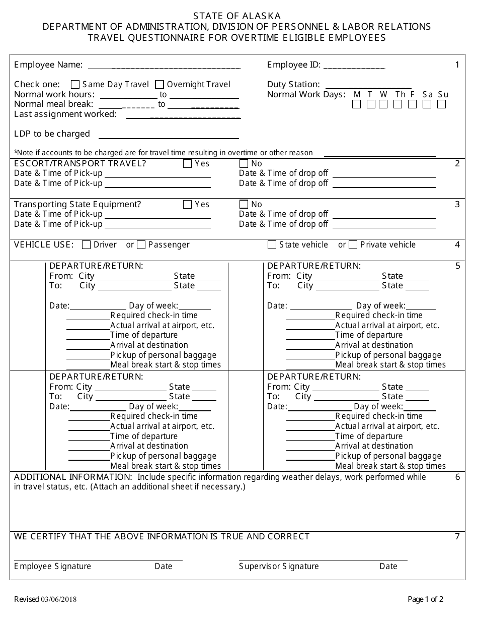 Travel Questionnaire for Overtime Eligible Employees - Alaska, Page 1