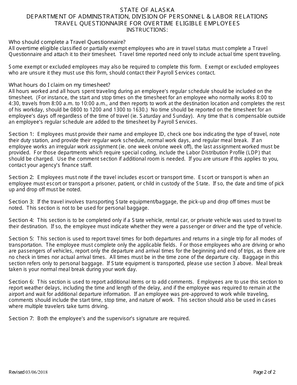 Travel Questionnaire for Overtime Eligible Employees - Alaska, Page 2