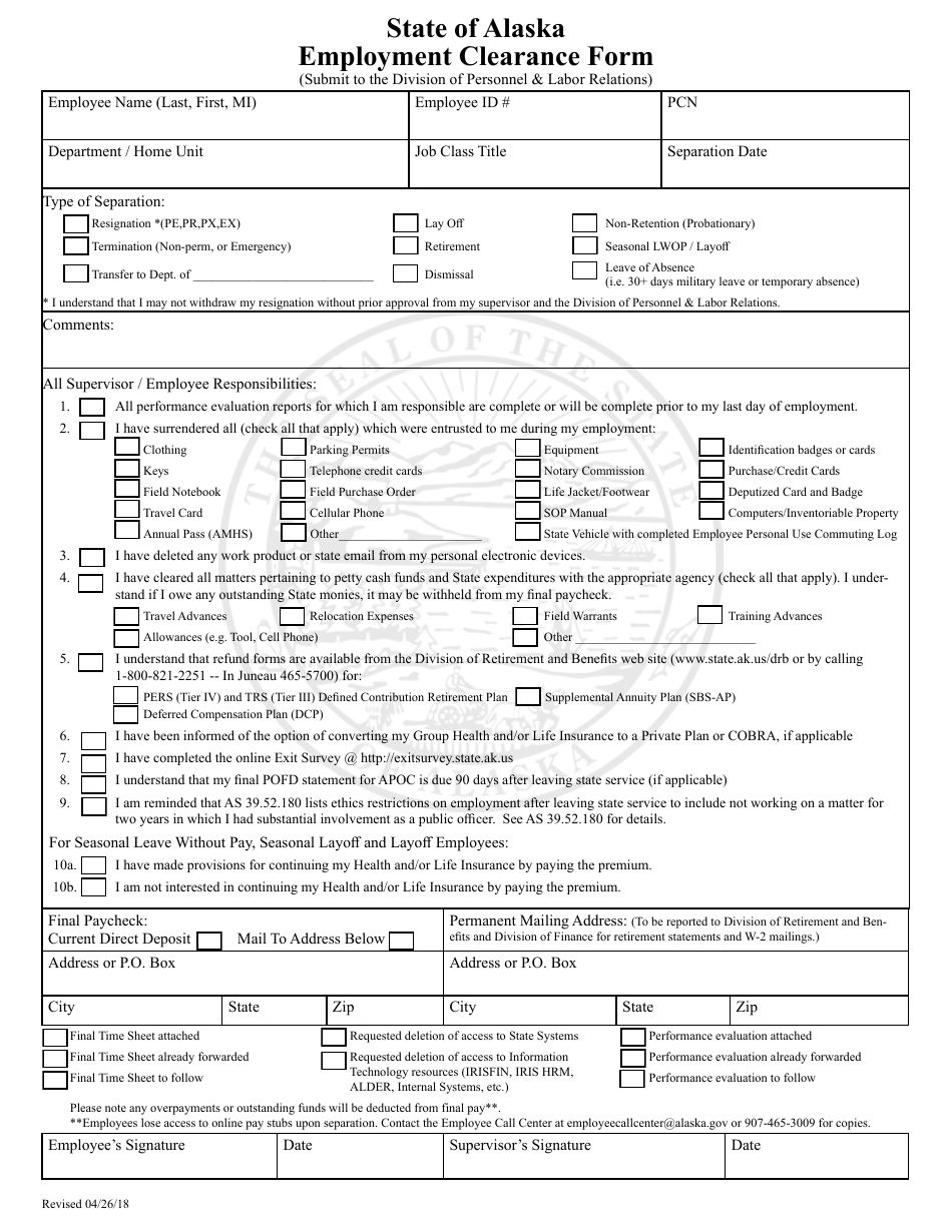 Employment Clearance Form - Alaska, Page 1