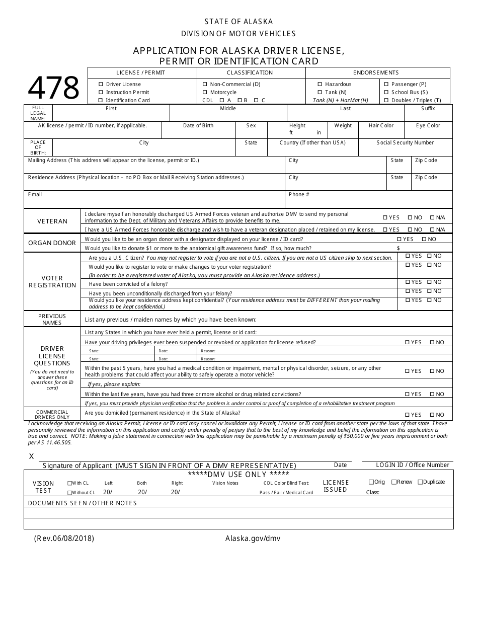Form 478 Application for Alaska Driver License, Permit or Identification Card - Alaska, Page 1