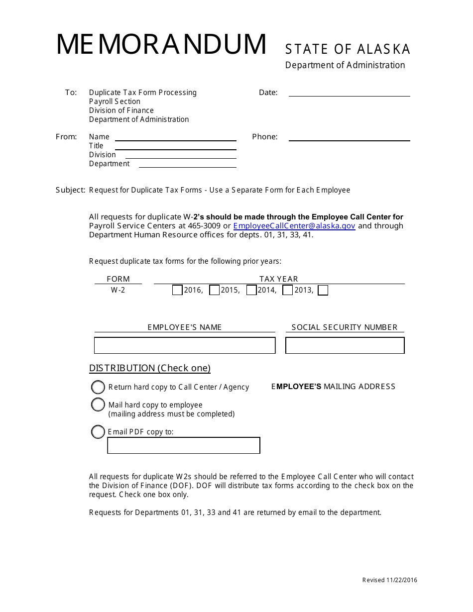 W-2 Request for Duplicate Tax Form - Alaska, Page 1