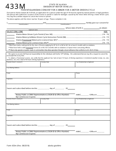Form 433M Parent/Guardian Consent for a Minor for a Motor Driven Cycle - Alaska
