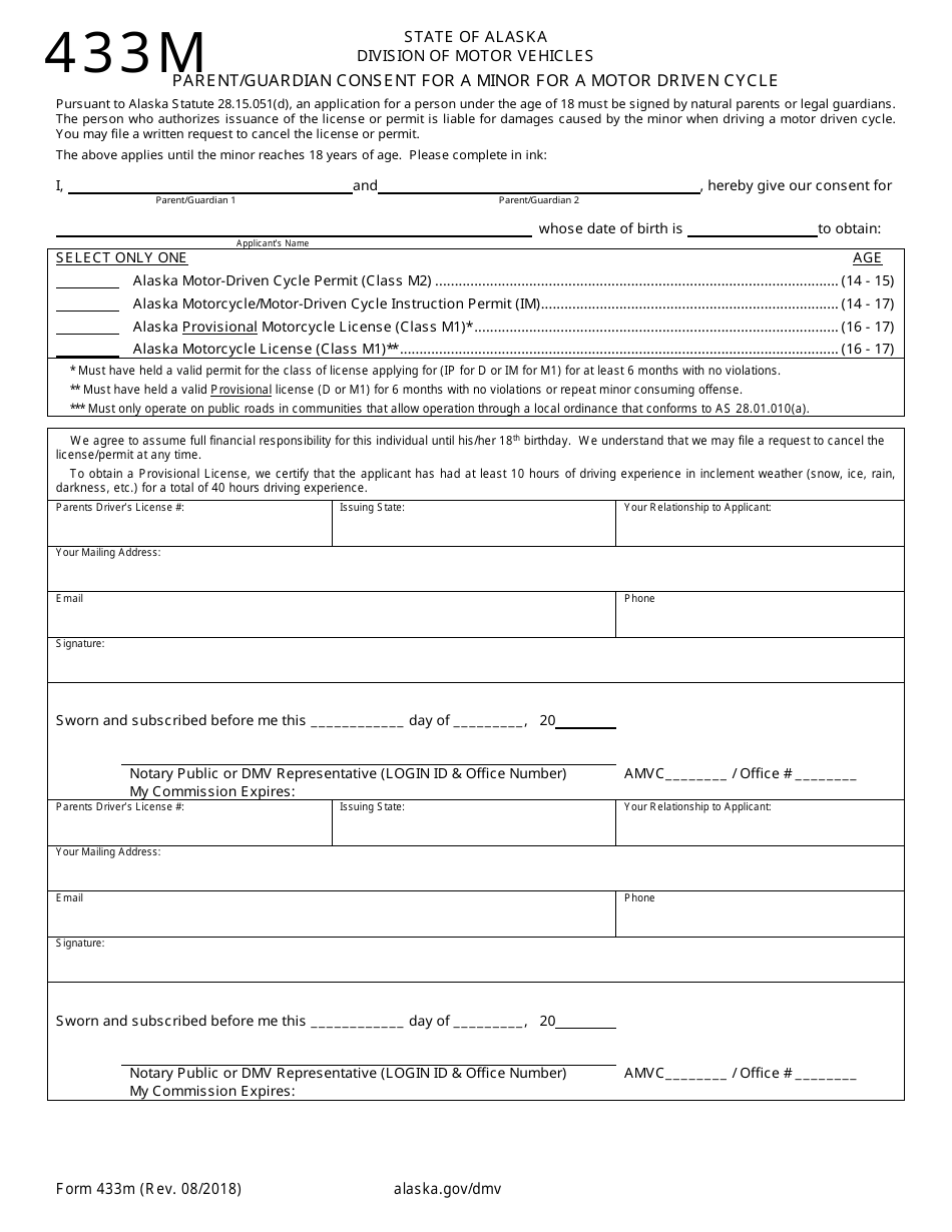 Form 433M Parent / Guardian Consent for a Minor for a Motor Driven Cycle - Alaska, Page 1
