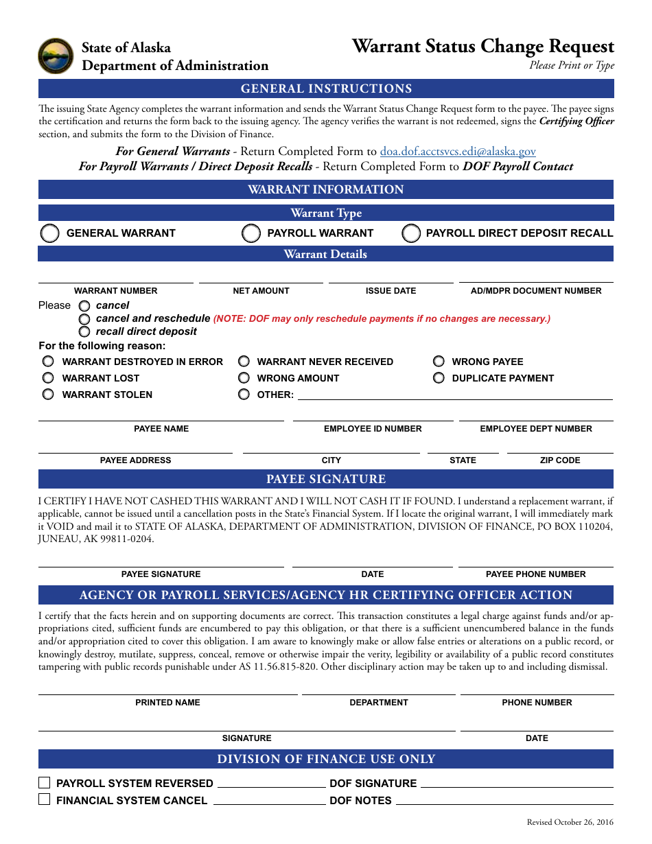 Warrant Status Change Request Form - Alaska, Page 1