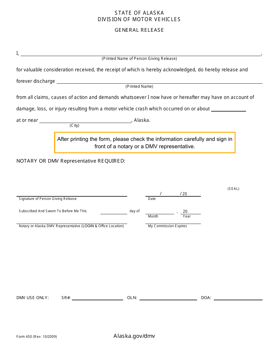Form 450 General Release - Alaska, Page 1