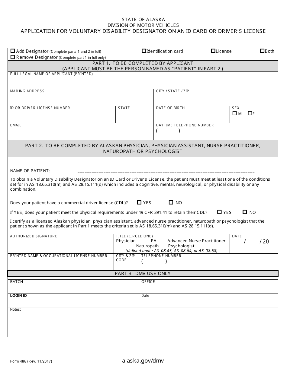 Form 486 Application for Voluntary Disability Designator on an Id Card or Drivers License - Alaska, Page 1
