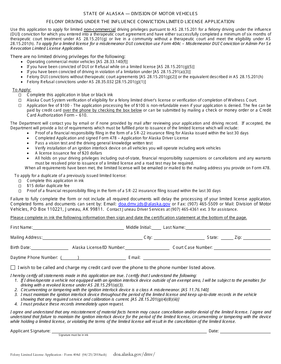 Form 404D Felony Driving Under the Influence Conviction Limited License Application - Alaska, Page 1