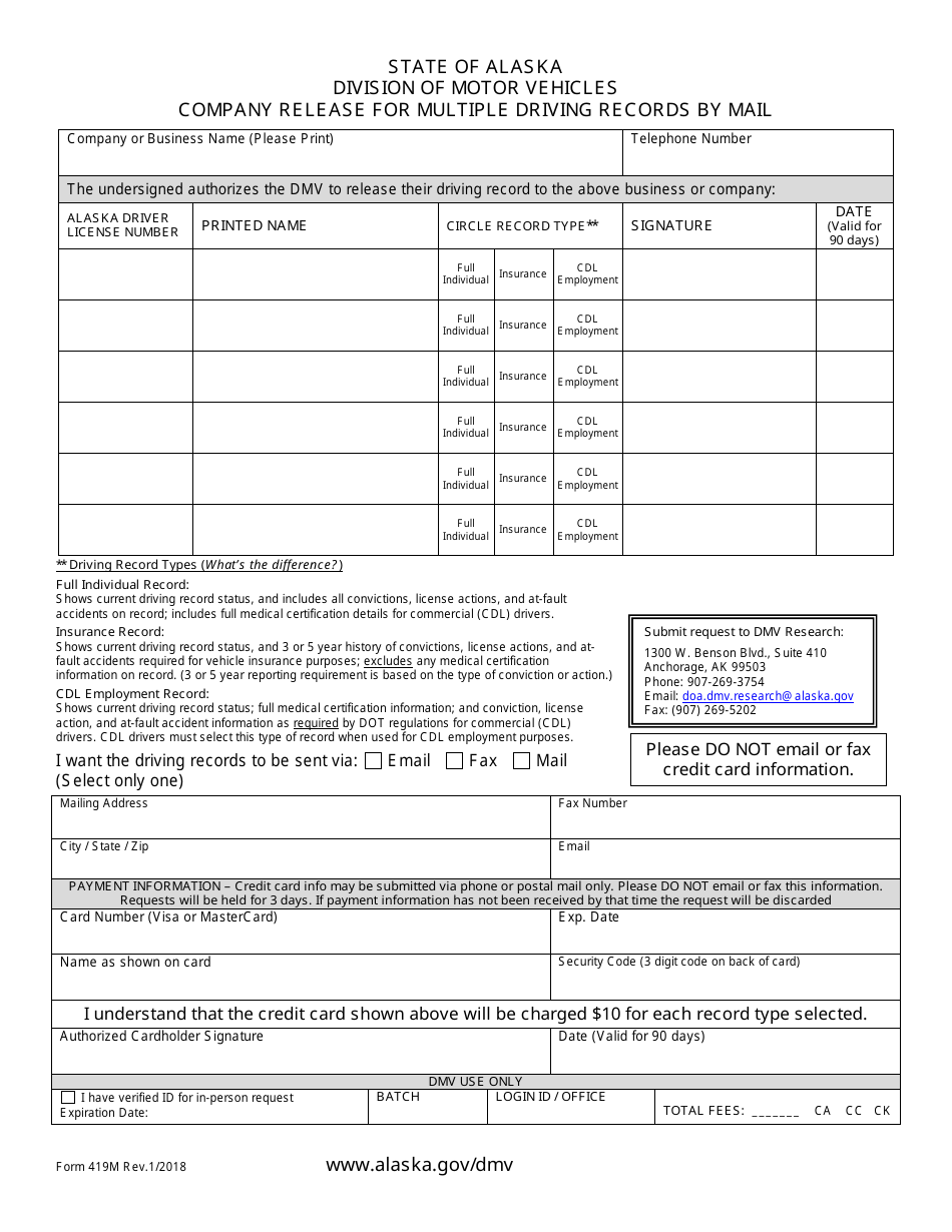 Form 419M Company Release for Multiple Driving Records by Mail - Alaska, Page 1